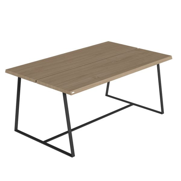 Designerski stół z solidnym drewnianym blatem i czarną geometryczną podstawą