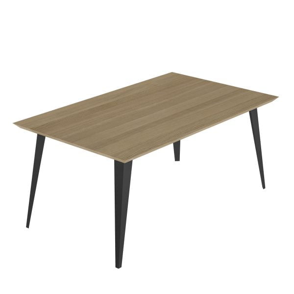 Nowoczesny stół z drewnianym blatem i metalowymi nogami o przekroju trójkąta