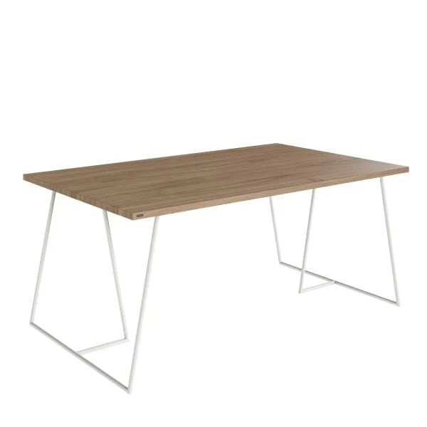 drewniany stół jadalny z metalową konstrukcją w kolorze białym