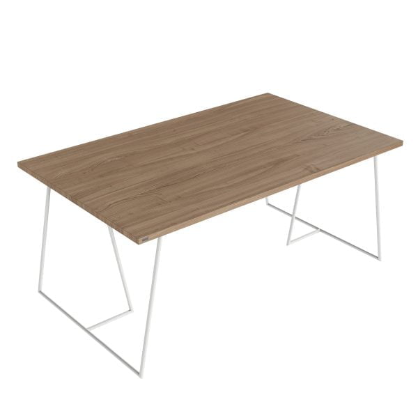 nowoczesny stół z drewnianym blatem i metalową podstawą w kolorze białym